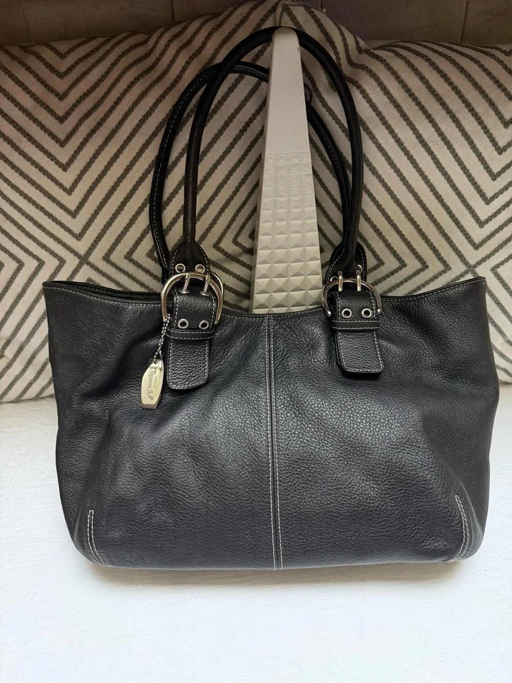 Tignanello Black Leather Satchel Tote with Double Straps